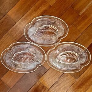 3pc VTG 1950s 50s MCM Federal Glass Crystal Leaf Snack Luncheon Plate Cup Holder